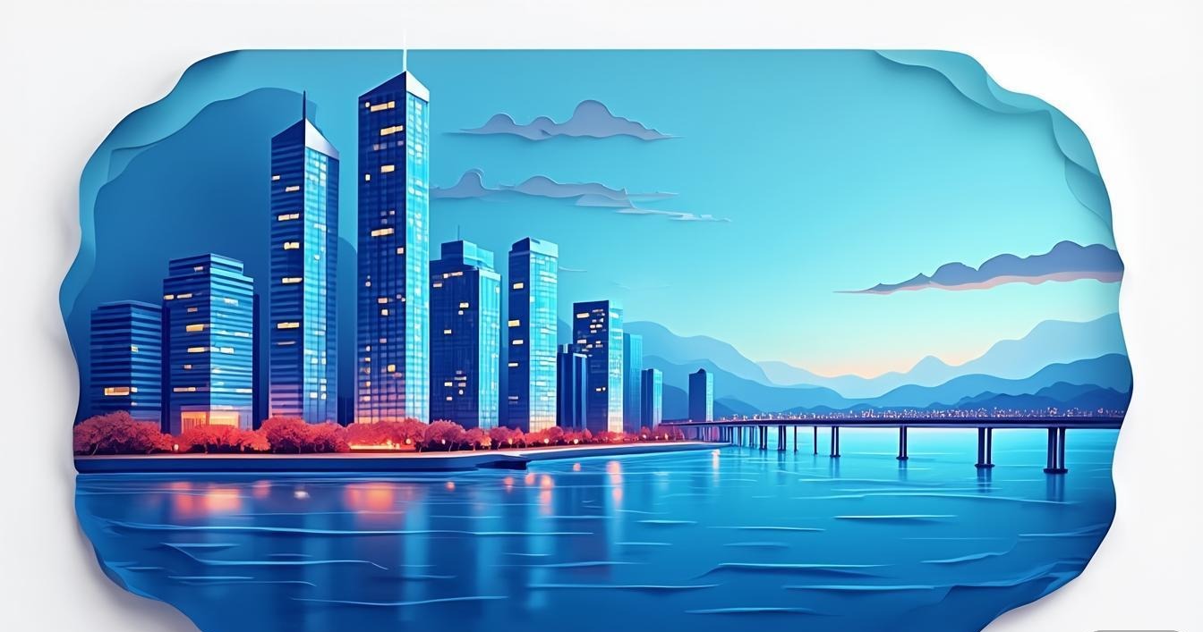 海滨城市商务区插画，桥梁与楼群